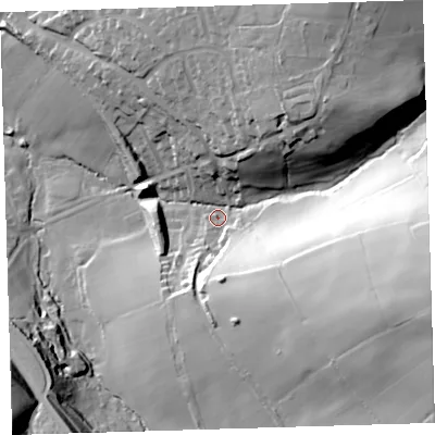 Shaded relief map of the ground around PL199EF, computed from Environment Agency LiDAR. The ground here sits at about 96 m above sea level and falls 68 m across the surrounding 800 m. Surface water reaching this point runs off ground lying to the east-south-east, 57.3 m higher.