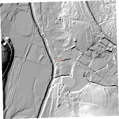 Shaded relief map of the ground around PL199ET, computed from Environment Agency LiDAR. The ground here sits at about 70 m above sea level and falls 44 m across the surrounding 800 m. Surface water reaching this point runs off ground lying to the east-north-east, 27.8 m higher.