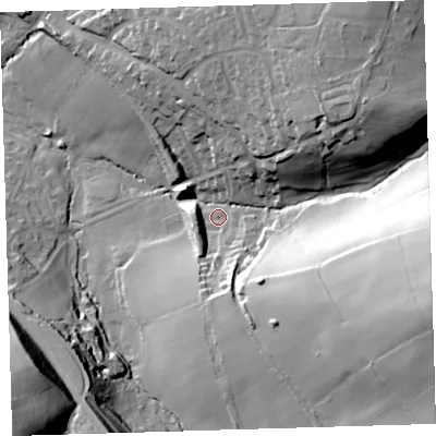 Shaded relief map of the ground around PL199EX, computed from Environment Agency LiDAR. The ground here sits at about 95 m above sea level and falls 63 m across the surrounding 800 m. Surface water reaching this point runs off ground lying to the east-south-east, 52.7 m higher.