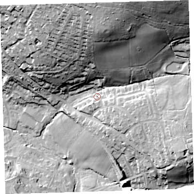 Shaded relief map of the ground around PL199FG, computed from Environment Agency LiDAR. The ground here sits at about 102 m above sea level and falls 79 m across the surrounding 800 m. Surface water reaching this point runs off ground lying to the north-east, 58.6 m higher.