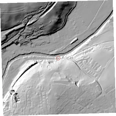 Shaded relief map of the ground around PL199JF, computed from Environment Agency LiDAR. The ground here sits at about 86 m above sea level and falls 75 m across the surrounding 800 m. Surface water reaching this point runs off ground lying to the south-east, 59.3 m higher.