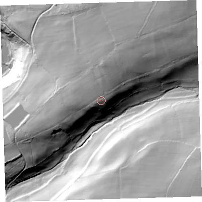 Shaded relief map of the ground around PL199JN, computed from Environment Agency LiDAR. The ground here sits at about 148 m above sea level and falls 81 m across the surrounding 800 m. Surface water reaching this point runs off ground lying to the north-north-east, 18.3 m higher.