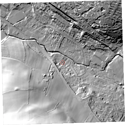Shaded relief map of the ground around PL199LG, computed from Environment Agency LiDAR. The ground here sits at about 80 m above sea level and falls 65 m across the surrounding 800 m. Surface water reaching this point runs off ground lying to the south-south-west, 8.3 m higher.