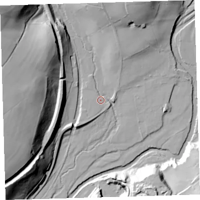 Shaded relief map of the ground around PL199LR, computed from Environment Agency LiDAR. The ground here sits at about 117 m above sea level and falls 60 m across the surrounding 800 m. Surface water reaching this point runs off ground lying to the north-north-east, 31.2 m higher.