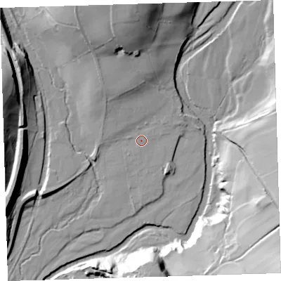 Shaded relief map of the ground around PL199LS, computed from Environment Agency LiDAR. The ground here sits at about 118 m above sea level and falls 57 m across the surrounding 800 m. Surface water reaching this point runs off ground lying to the north, 33.1 m higher.