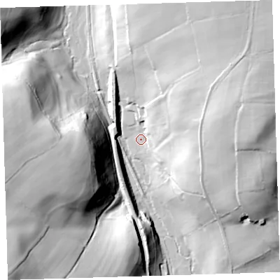 Shaded relief map of the ground around PL199LT, computed from Environment Agency LiDAR. The ground here sits at about 122 m above sea level and falls 63 m across the surrounding 800 m. Surface water reaching this point runs off ground lying to the north-east, 39.3 m higher.