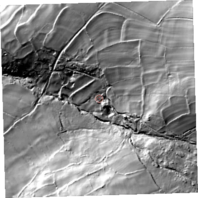 Shaded relief map of the ground around PL199LZ, computed from Environment Agency LiDAR. The ground here sits at about 235 m above sea level and falls 118 m across the surrounding 800 m. Surface water reaching this point runs off ground lying to the east, 65.2 m higher.