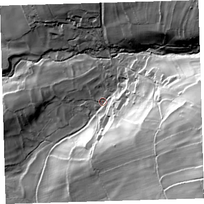 Shaded relief map of the ground around PL199NP, computed from Environment Agency LiDAR. The ground here sits at about 155 m above sea level and falls 95 m across the surrounding 800 m. Surface water reaching this point runs off ground lying to the east-south-east, 71.1 m higher.
