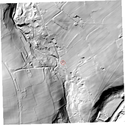Shaded relief map of the ground around PL199PR, computed from Environment Agency LiDAR. The ground here sits at about 170 m above sea level and falls 77 m across the surrounding 800 m. Surface water reaching this point runs off ground lying to the north-east, 60.7 m higher.