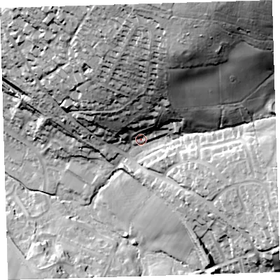 Shaded relief map of the ground around PL199RB, computed from Environment Agency LiDAR. The ground here sits at about 97 m above sea level and falls 83 m across the surrounding 800 m. Surface water reaching this point runs off ground lying to the north-north-east, 59.9 m higher.