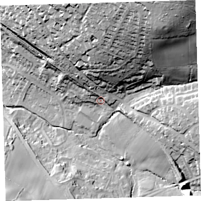 Shaded relief map of the ground around PL199SR, computed from Environment Agency LiDAR. The ground here sits at about 90 m above sea level and falls 80 m across the surrounding 800 m. Surface water reaching this point runs off ground lying to the north-north-east, 55.5 m higher.