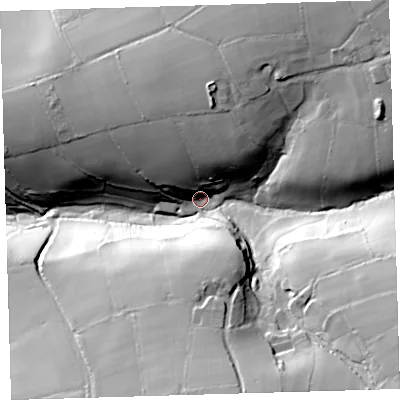 Shaded relief map of the ground around PL206DE, computed from Environment Agency LiDAR. The ground here sits at about 111 m above sea level and falls 60 m across the surrounding 800 m. Surface water reaching this point runs off ground lying to the north-east, 45.0 m higher.