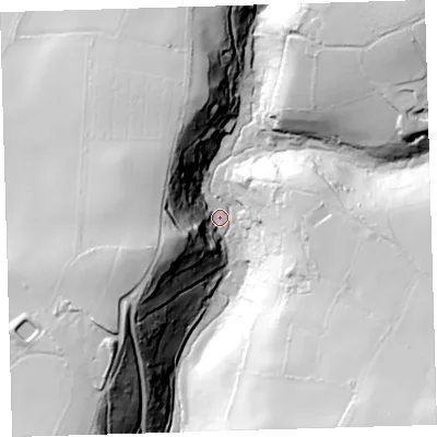 Shaded relief map of the ground around PL206HB, computed from Environment Agency LiDAR. The ground here sits at about 52 m above sea level and falls 83 m across the surrounding 800 m. Surface water reaching this point runs off ground lying to the north-east, 60.4 m higher.