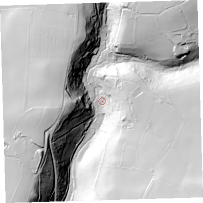 Shaded relief map of the ground around PL206HD, computed from Environment Agency LiDAR. The ground here sits at about 52 m above sea level and falls 90 m across the surrounding 800 m. Surface water reaching this point runs off ground lying to the east-south-east, 52.6 m higher.