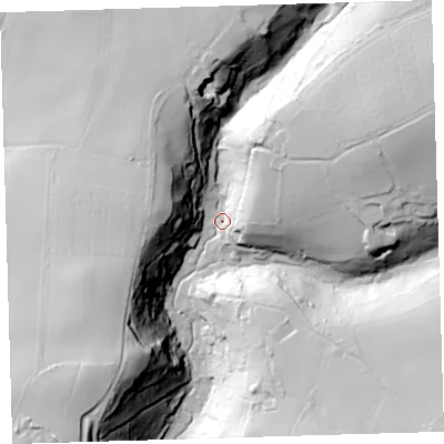 Shaded relief map of the ground around PL206HH, computed from Environment Agency LiDAR. The ground here sits at about 60 m above sea level and falls 69 m across the surrounding 800 m. Surface water reaching this point runs off ground lying to the east-north-east, 54.0 m higher.