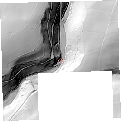 Shaded relief map of the ground around PL206HN, computed from Environment Agency LiDAR. The ground here sits at about 31 m above sea level and falls 102 m across the surrounding 800 m. Surface water reaching this point runs off ground lying to the east-north-east, 85.5 m higher.