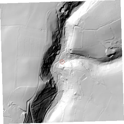Shaded relief map of the ground around PL206HP, computed from Environment Agency LiDAR. The ground here sits at about 57 m above sea level and falls 76 m across the surrounding 800 m. Surface water reaching this point runs off ground lying to the south-east, 59.8 m higher.