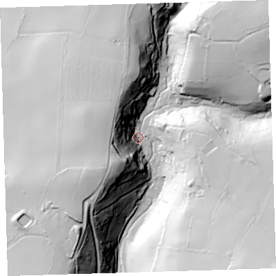Shaded relief map of the ground around PL206HQ, computed from Environment Agency LiDAR. The ground here sits at about 54 m above sea level and falls 77 m across the surrounding 800 m. Surface water reaching this point runs off ground lying to the north-east, 57.9 m higher.
