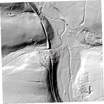 Shaded relief map of the ground around PL206JB, computed from Environment Agency LiDAR. The ground here sits at about 124 m above sea level and falls 61 m across the surrounding 800 m. Surface water reaching this point runs off ground lying to the south-west, 51.4 m higher.