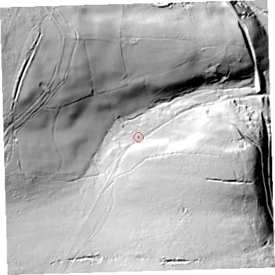 Shaded relief map of the ground around PL206JD, computed from Environment Agency LiDAR. The ground here sits at about 150 m above sea level and falls 81 m across the surrounding 800 m. Surface water reaching this point runs off ground lying to the south, 26.2 m higher.