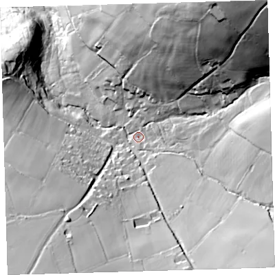 Shaded relief map of the ground around PL206JF, computed from Environment Agency LiDAR. The ground here sits at about 153 m above sea level and falls 80 m across the surrounding 800 m. Surface water reaching this point runs off ground lying to the south-east, 41.2 m higher.