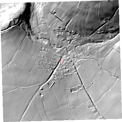 Shaded relief map of the ground around PL206JP, computed from Environment Agency LiDAR. The ground here sits at about 155 m above sea level and falls 70 m across the surrounding 800 m. Surface water reaching this point runs off ground lying to the south-south-west, 34.4 m higher.