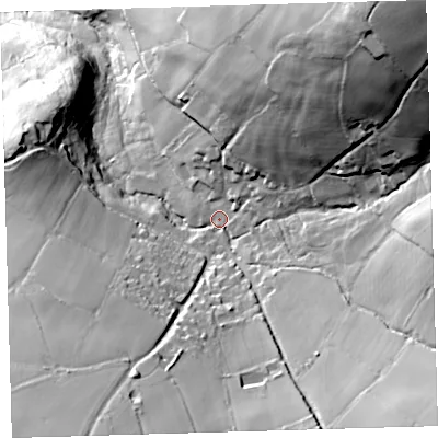Shaded relief map of the ground around PL206JR, computed from Environment Agency LiDAR. The ground here sits at about 151 m above sea level and falls 92 m across the surrounding 800 m. Surface water reaching this point runs off ground lying to the north-east, 63.3 m higher.