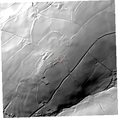 Shaded relief map of the ground around PL206JY, computed from Environment Agency LiDAR. The ground here sits at about 215 m above sea level and falls 124 m across the surrounding 800 m. Surface water reaching this point runs off ground lying to the east-north-east, 3.3 m higher.