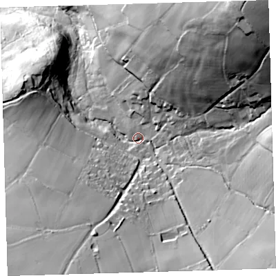 Shaded relief map of the ground around PL206LA, computed from Environment Agency LiDAR. The ground here sits at about 150 m above sea level and falls 93 m across the surrounding 800 m. Surface water reaching this point runs off ground lying to the north-east, 63.7 m higher.