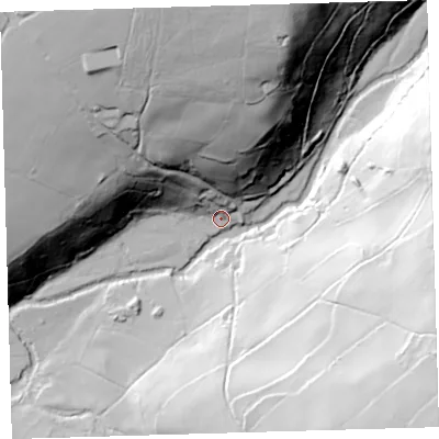 Shaded relief map of the ground around PL206LP, computed from Environment Agency LiDAR. The ground here sits at about 111 m above sea level and falls 95 m across the surrounding 800 m. Surface water reaching this point runs off ground lying to the north, 77.5 m higher.