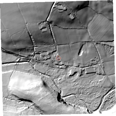 Shaded relief map of the ground around PL206PJ, computed from Environment Agency LiDAR. The ground here sits at about 144 m above sea level and falls 78 m across the surrounding 800 m. Surface water reaching this point runs off ground lying to the north, 46.6 m higher.