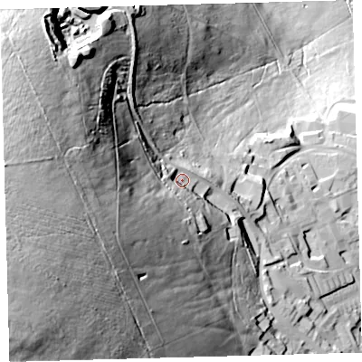 Shaded relief map of the ground around PL206RN, computed from Environment Agency LiDAR. The ground here sits at about 442 m above sea level and falls 118 m across the surrounding 800 m. Surface water reaching this point runs off ground lying to the west-south-west, 52.3 m higher.