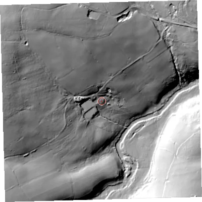 Shaded relief map of the ground around PL206SA, computed from Environment Agency LiDAR. The ground here sits at about 302 m above sea level and falls 61 m across the surrounding 800 m. Surface water reaching this point runs off ground lying to the north-west, 41.3 m higher.