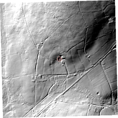 Shaded relief map of the ground around PL206SZ, computed from Environment Agency LiDAR. The ground here sits at about 365 m above sea level and falls 79 m across the surrounding 800 m. Surface water reaching this point runs off ground lying to the north-north-east, 53.4 m higher.