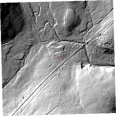 Shaded relief map of the ground around PL206TH, computed from Environment Agency LiDAR. The ground here sits at about 341 m above sea level and falls 46 m across the surrounding 800 m. Surface water reaching this point runs off ground lying to the south-south-west, 5.2 m higher.