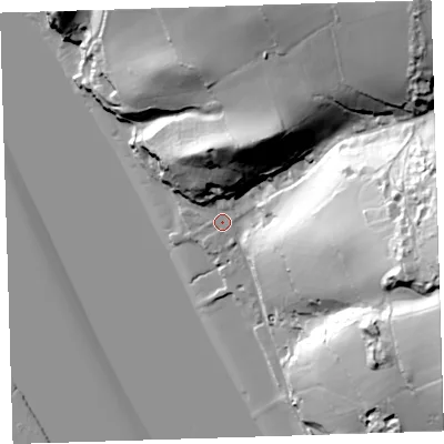 Shaded relief map of the ground around PL207BS, computed from Environment Agency LiDAR. The ground here sits at about 4 m above sea level and falls 76 m across the surrounding 800 m. Surface water reaching this point runs off ground lying to the north-east, 70.4 m higher.