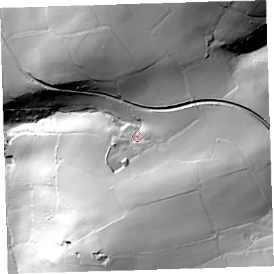 Shaded relief map of the ground around PL207EX, computed from Environment Agency LiDAR. The ground here sits at about 72 m above sea level and falls 103 m across the surrounding 800 m. Surface water reaching this point runs off ground lying to the south-east, 26.4 m higher.