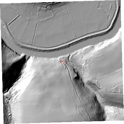 Shaded relief map of the ground around PL207EY, computed from Environment Agency LiDAR. The ground here sits at about 7 m above sea level and falls 88 m across the surrounding 800 m. Surface water reaching this point runs off ground lying to the south-south-west, 82.1 m higher.