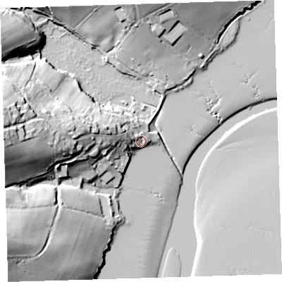 Shaded relief map of the ground around PL207JN, computed from Environment Agency LiDAR. The ground here sits at about 4 m above sea level and falls 31 m across the surrounding 800 m. Surface water reaching this point runs off ground lying to the west-north-west, 7.2 m higher.