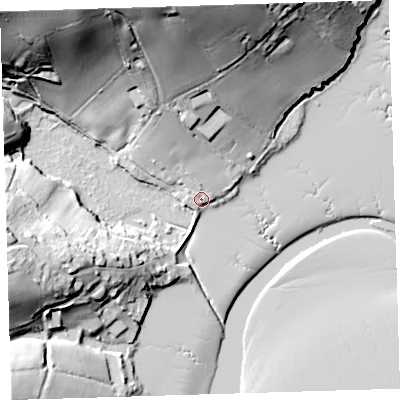 Shaded relief map of the ground around PL207JZ, computed from Environment Agency LiDAR. The ground here sits at about 4 m above sea level and falls 42 m across the surrounding 800 m. Surface water reaching this point runs off ground lying to the north-north-west, 39.8 m higher.