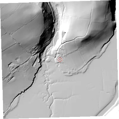 Shaded relief map of the ground around PL207LB, computed from Environment Agency LiDAR. The ground here sits at about 6 m above sea level and falls 80 m across the surrounding 800 m. Surface water reaching this point runs off ground lying to the north-north-east, 15.9 m higher.