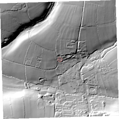 Shaded relief map of the ground around PL207NL, computed from Environment Agency LiDAR. The ground here sits at about 98 m above sea level and falls 64 m across the surrounding 800 m. Surface water reaching this point runs off ground lying to the north-north-east, 35.4 m higher.