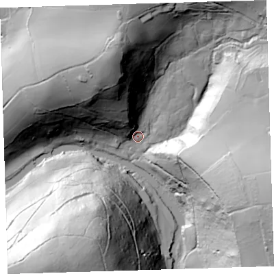 Shaded relief map of the ground around PL207NR, computed from Environment Agency LiDAR. The ground here sits at about 17 m above sea level and falls 92 m across the surrounding 800 m. Surface water reaching this point runs off ground lying to the north-north-west, 74.3 m higher.