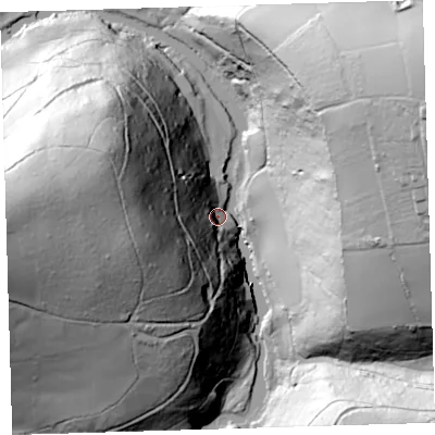 Shaded relief map of the ground around PL207NS, computed from Environment Agency LiDAR. The ground here sits at about 17 m above sea level and falls 95 m across the surrounding 800 m. Surface water reaching this point runs off ground lying to the west, 85.0 m higher.