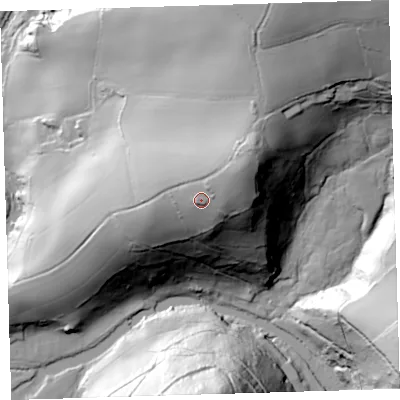 Shaded relief map of the ground around PL207NT, computed from Environment Agency LiDAR. The ground here sits at about 80 m above sea level and falls 92 m across the surrounding 800 m. Surface water reaching this point runs off ground lying to the north-east, 10.4 m higher.