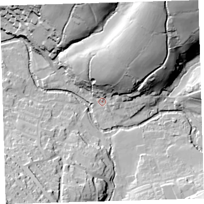 Shaded relief map of the ground around PL207QB, computed from Environment Agency LiDAR. The ground here sits at about 86 m above sea level and falls 60 m across the surrounding 800 m. Surface water reaching this point runs off ground lying to the north-north-east, 38.6 m higher.
