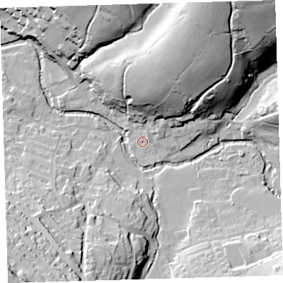 Shaded relief map of the ground around PL207QE, computed from Environment Agency LiDAR. The ground here sits at about 84 m above sea level and falls 55 m across the surrounding 800 m. Surface water reaching this point runs off ground lying to the north-north-east, 40.0 m higher.