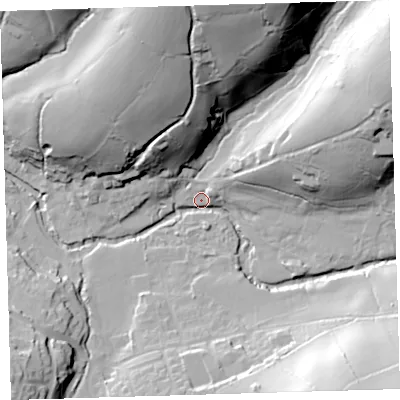 Shaded relief map of the ground around PL207QL, computed from Environment Agency LiDAR. The ground here sits at about 88 m above sea level and falls 54 m across the surrounding 800 m. Surface water reaching this point runs off ground lying to the south-east, 43.9 m higher.