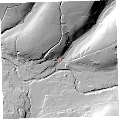 Shaded relief map of the ground around PL207QR, computed from Environment Agency LiDAR. The ground here sits at about 90 m above sea level and falls 60 m across the surrounding 800 m. Surface water reaching this point runs off ground lying to the north-north-east, 53.2 m higher.