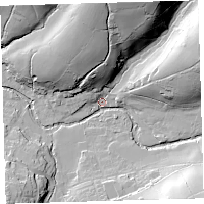 Shaded relief map of the ground around PL207QS, computed from Environment Agency LiDAR. The ground here sits at about 87 m above sea level and falls 55 m across the surrounding 800 m. Surface water reaching this point runs off ground lying to the north-north-east, 49.9 m higher.